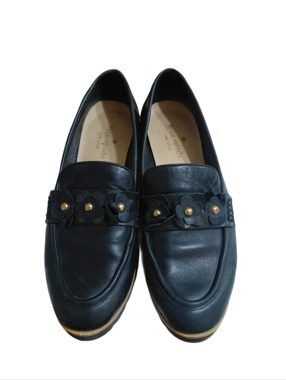 kate spade Flowered Black Leather Penny Loafers Karissa Size 7 M